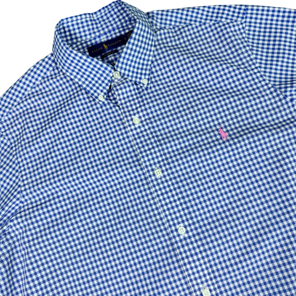Ralph Lauren Classic Fit Button Down Shirt Mens Large Blue Gingham Pink Pony